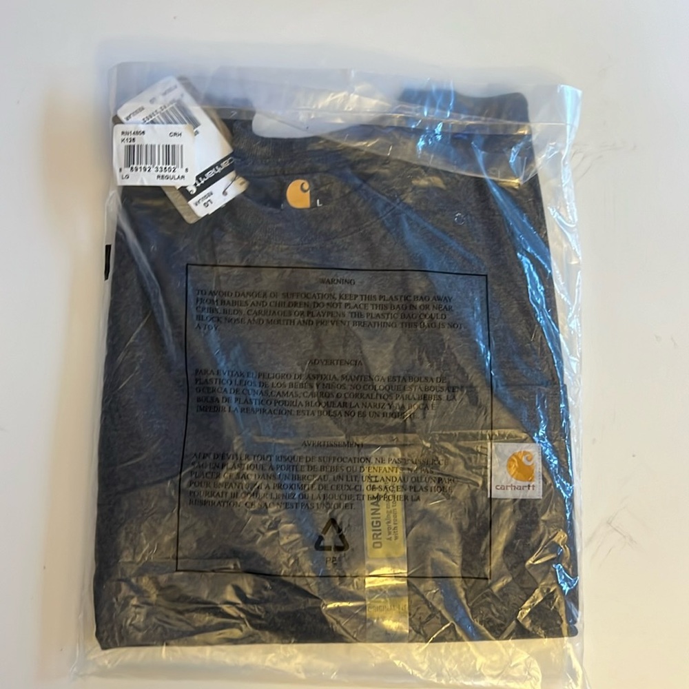 NEW! Carhartt long sleeve pocket tee in dark heather grey. Size large.